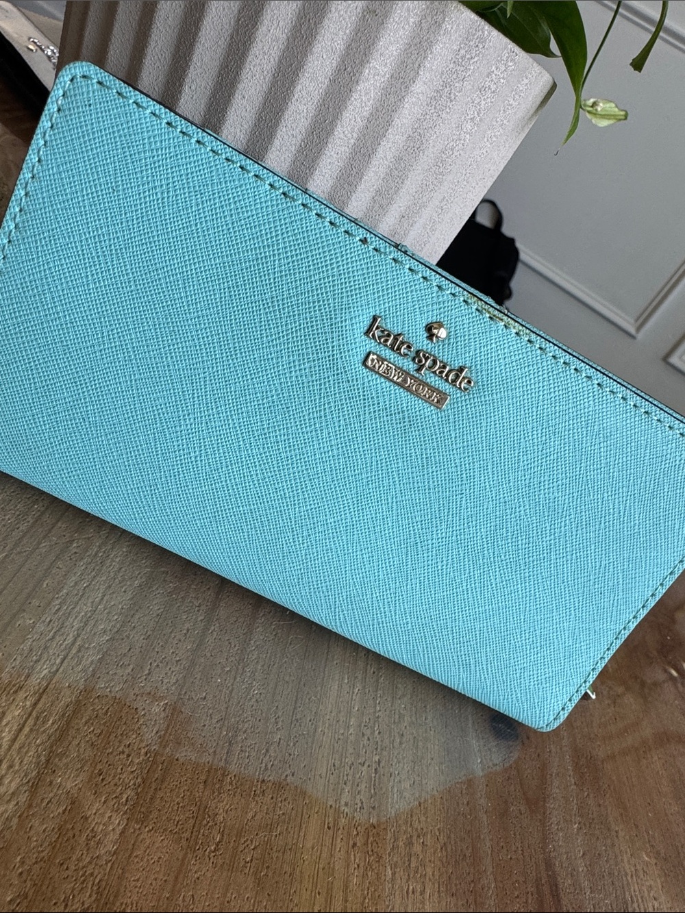 kate spade turquoise saffiano zip-around wallet